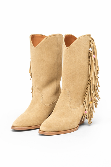 Botas Cowboy em Camurça Bege com Franjas