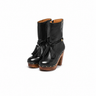 Black Leather Platform Ankle Boots with Fringe