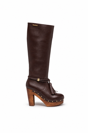 BE0046-01 — Brown leather knee-high boots with fringe — lateral
