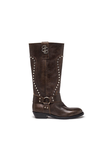 Brown Leather Tall Biker Boots with Studs — view 2