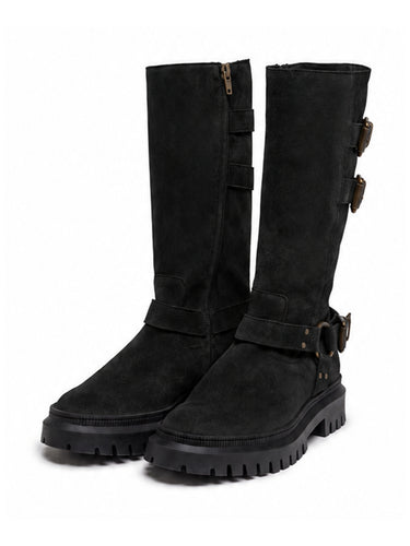 BE0052-01 — Black leather knee-high boots with buckles — angled front pair