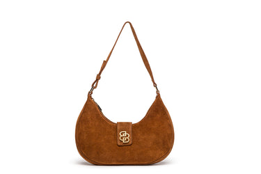 Camel Suede Crescent Bag with Logo Charm — view 2