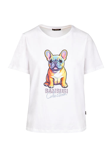 T-Shirt Branca com Estampa Multicolor de Bulldog Francês