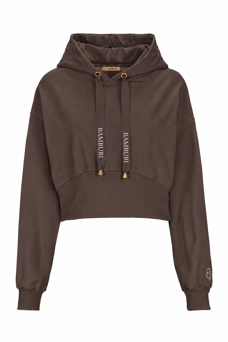 BAMBURI BT0011-045 Chocolate Brown cropped hoodie with matching drawstrings and white BAMBURI lettering, front view