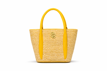Tote Bag em Ráfia com Pegas em Pele Amarela