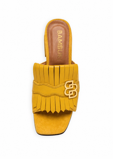 Golden Yellow Leather Heeled Mules with Fringe Detail