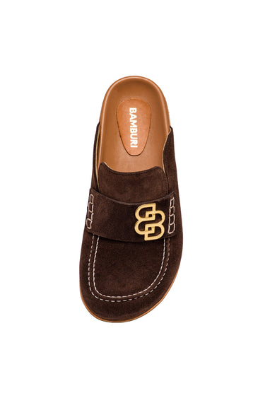 Mules Loafer em Camurça Castanha com Logótipo Dourado